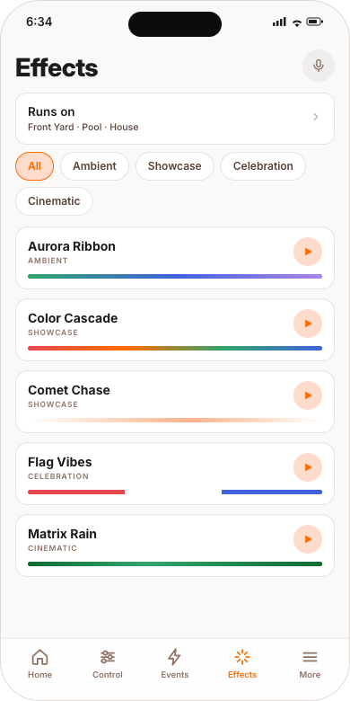 Effects: Aurora Ribbon, Color Cascade, Comet Chase, Flag Vibes, Matrix Rain