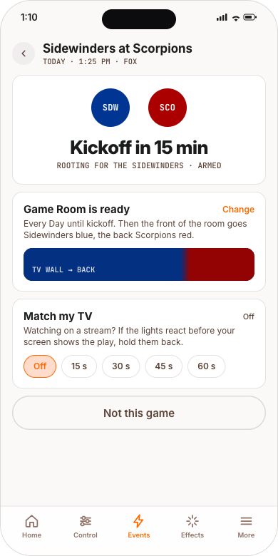 Before the game: kickoff in 15 minutes, the room is ready, Match my TV with Off, 15, 30, 45 and 60 seconds