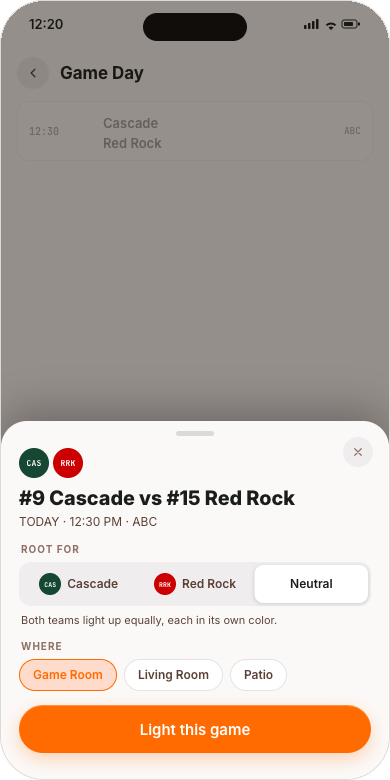 Picking a game: root for either team or Neutral, and choose the room