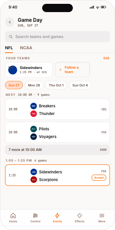 Game Day: your teams on top, the day's games below