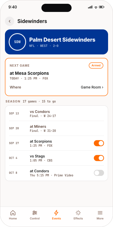 A team page: the next game armed, the season with a switch per game