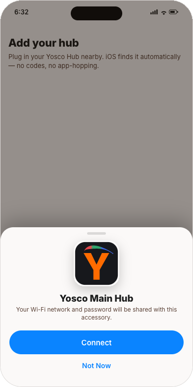 The iPhone's own pairing sheet: Yosco Main Hub, Connect
