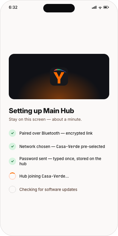 Setting up Main Hub: paired, network chosen, password sent