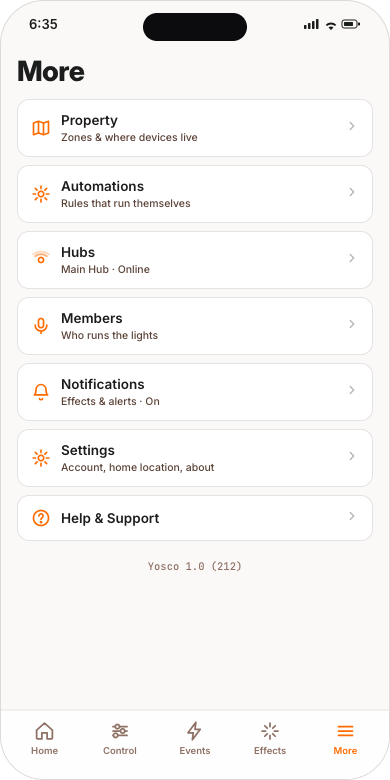 More: Property, Automations, Hubs, Members, Notifications, Settings, Help