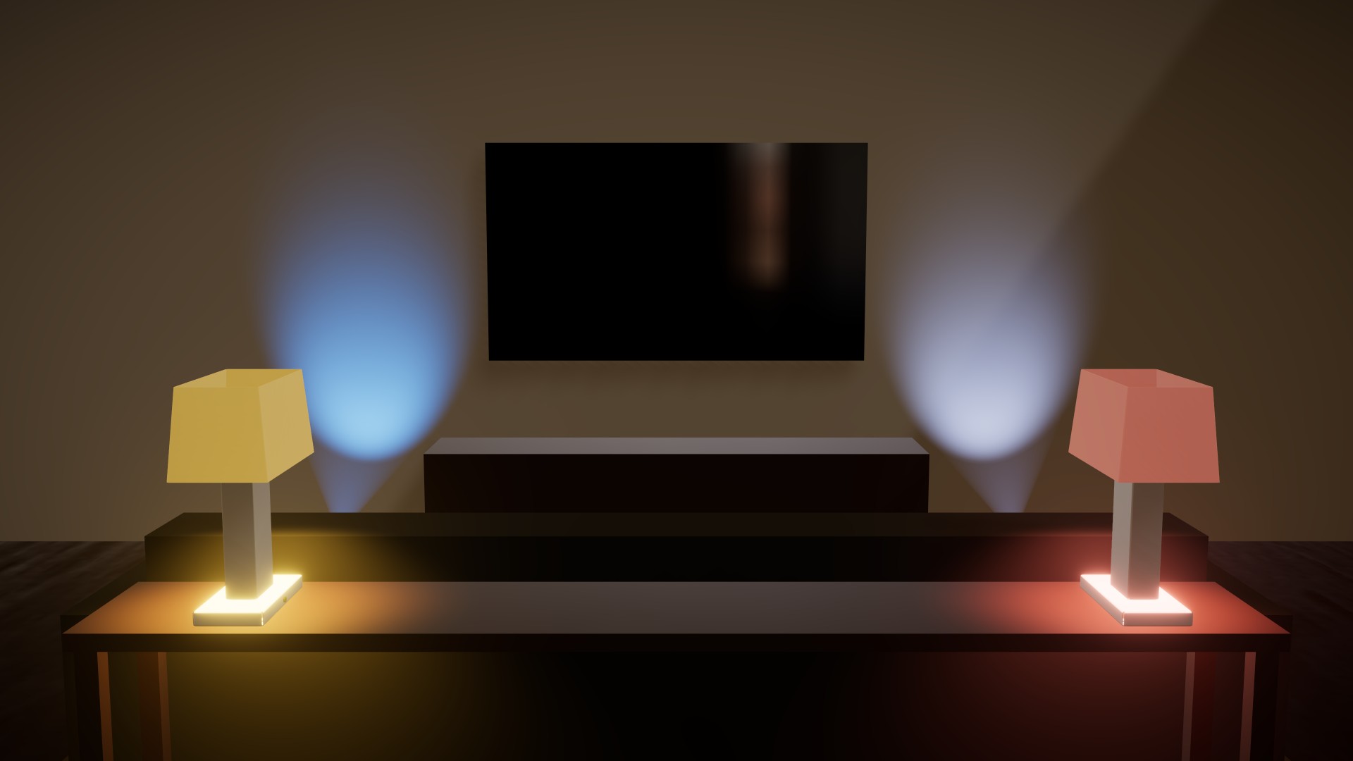 A yellow flag on the lamp behind the couch while the TV wall holds blue