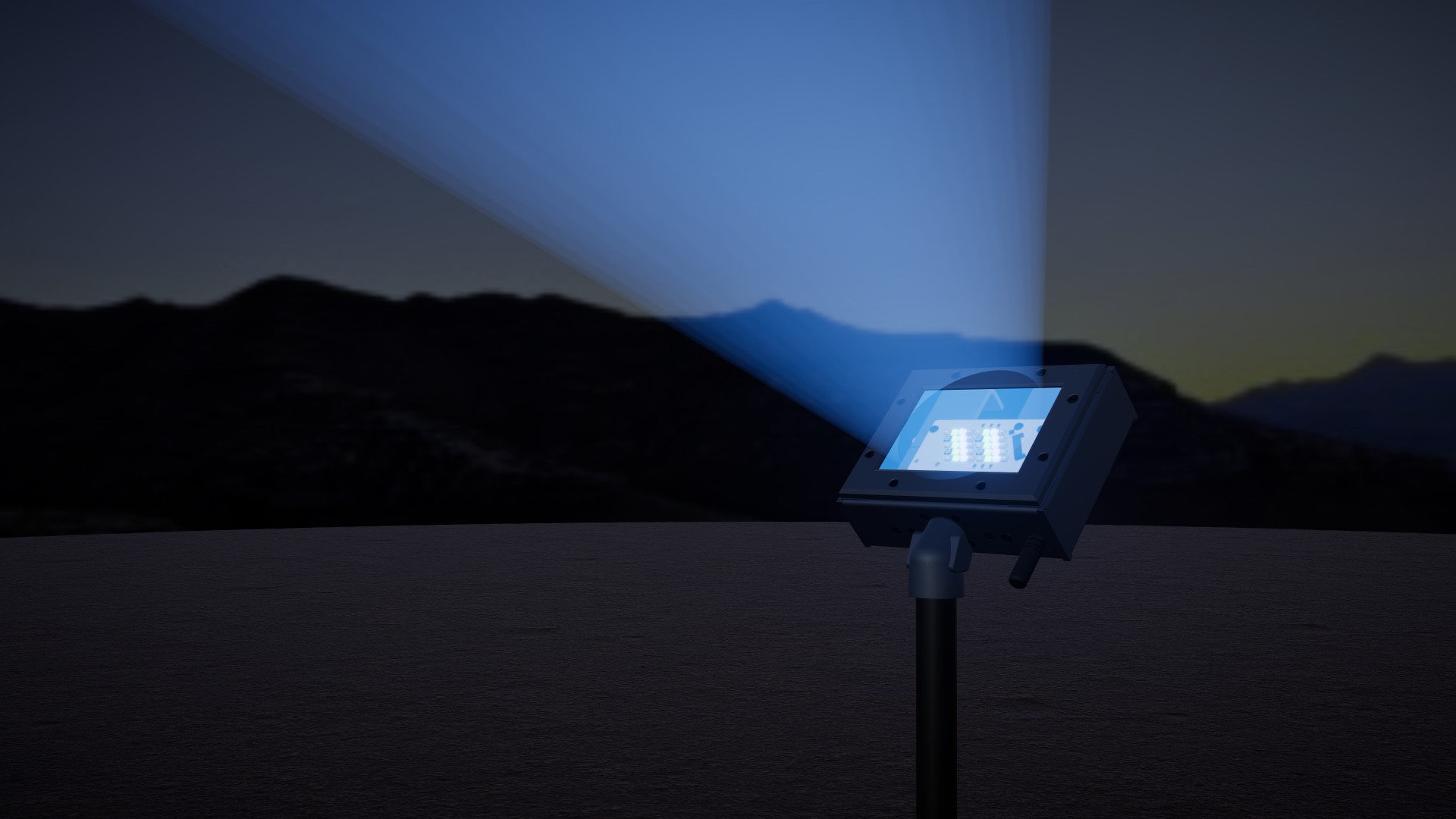 A Firefly uplight throwing a blue beam at night