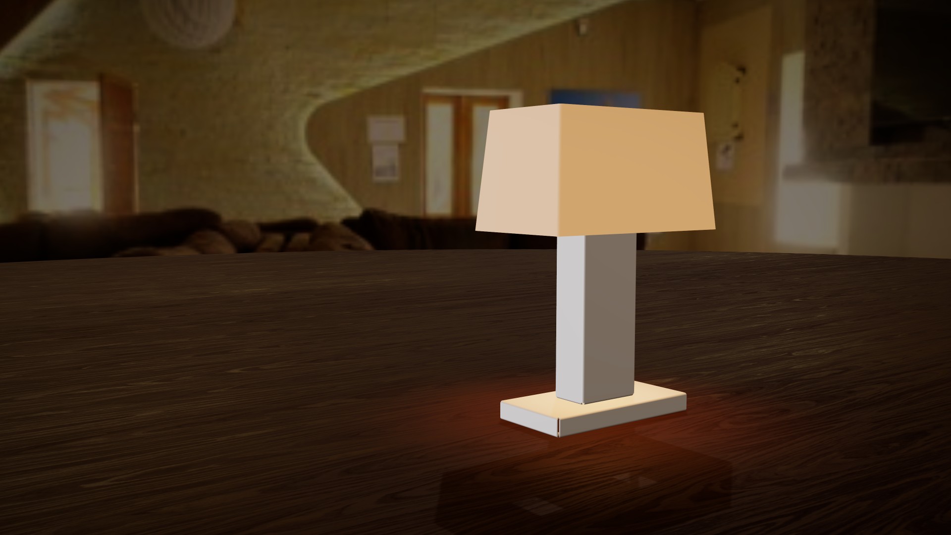 A Snowflake table lamp glowing warm in a living room at night
