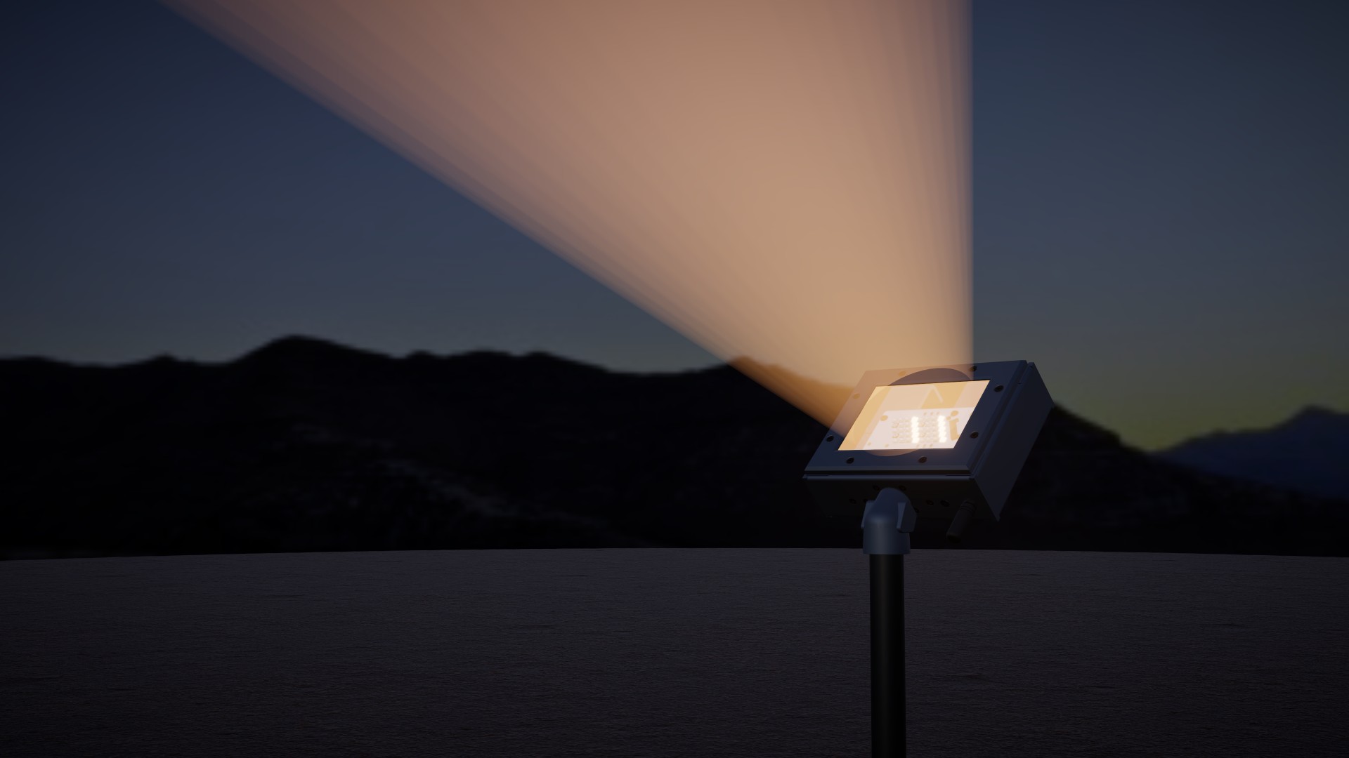 A warm wash of light climbing a wall at night from a Firefly uplight